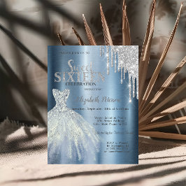 Silver Glitter Drips, Blå Klänning Metallisk Sweet Inbjudningar