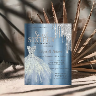 Silver Glitter Drips, Blå Klänning Metallisk Sweet Inbjudningar