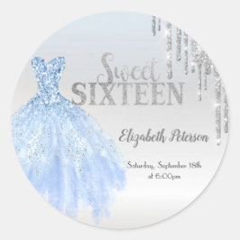 Silver Glitter Drips, blå klänning Silver Sweet 16 Runt Klistermärke