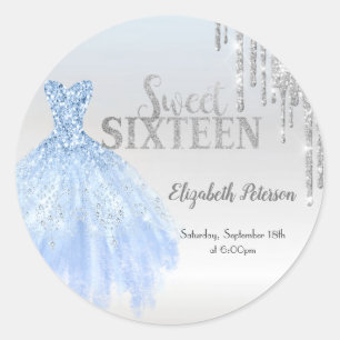 Silver Glitter Drips, blå klänning Silver Sweet 16 Runt Klistermärke
