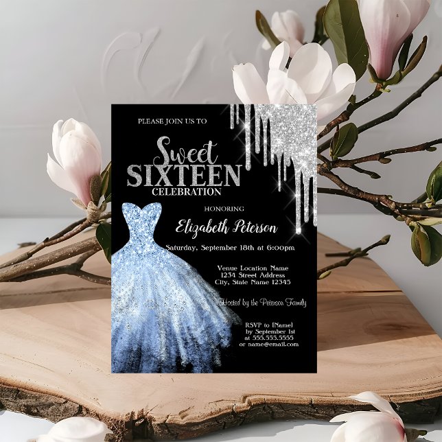 Silver Glitter Drips, blå klänning Svart Sweet 16  Inbjudningar (Skapare uppladdad)
