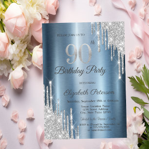 Silver Glitter Drips Blå Metallisk 90-årsdag Inbjudningar