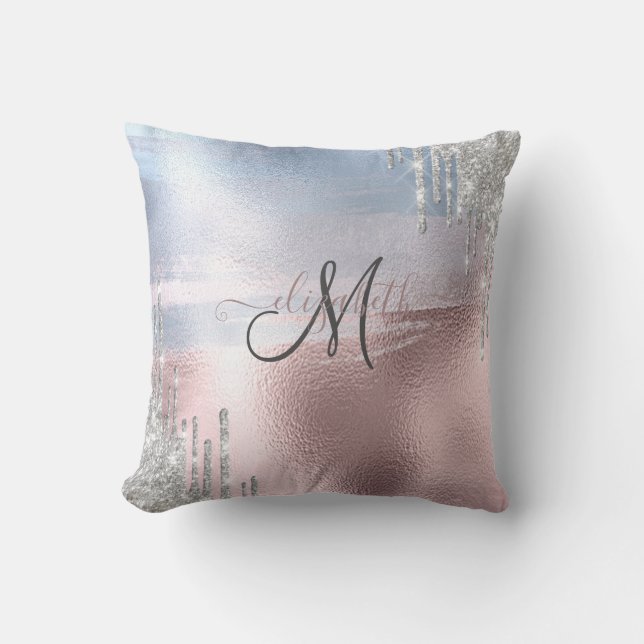 Silver Glitter Drips Blå Rosa Guld Metallisk  Kudde (Framsida)