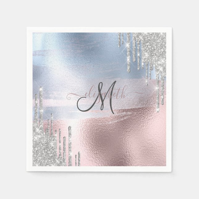 Silver Glitter Drips Blå Rosa Guld Metallisk  Pappersservett (Framsidan)