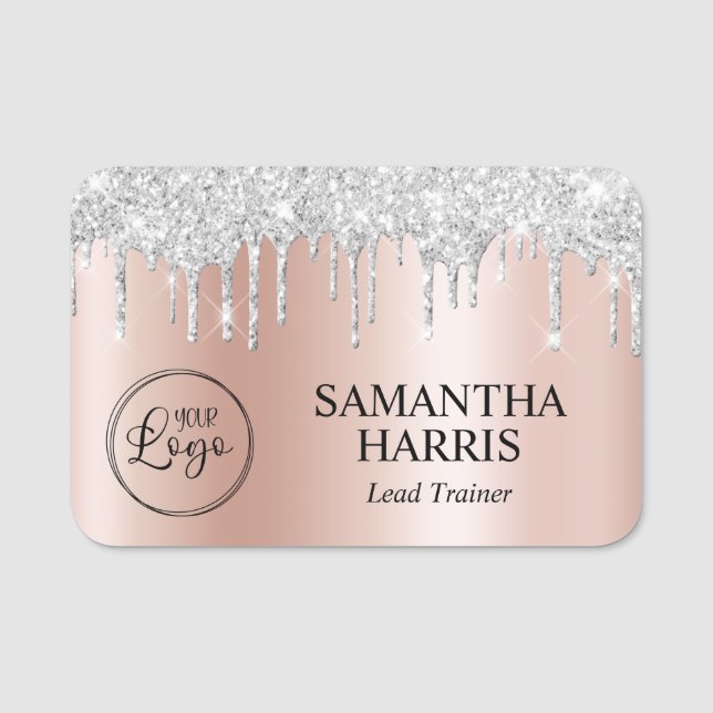 Silver Glitter Drips Blekt Rosa Guld Ombre Namnbricka (Framsida)