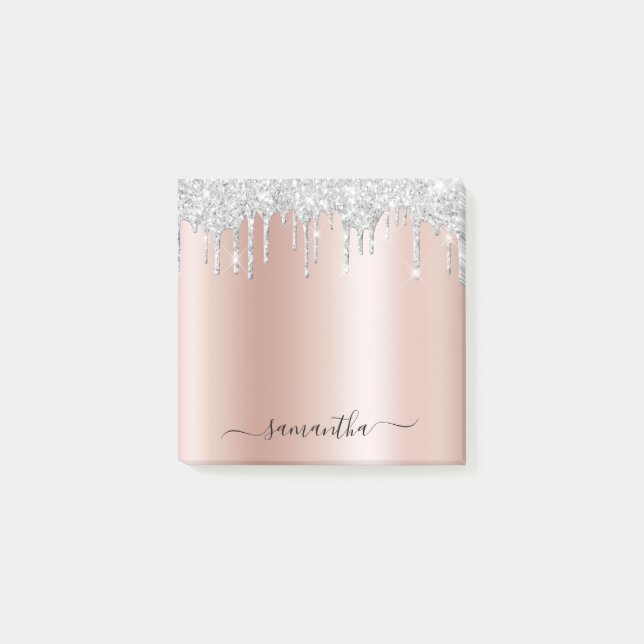 Silver Glitter Drips Blekt Rosa Guldskimmer Post-it Block (Framsida)