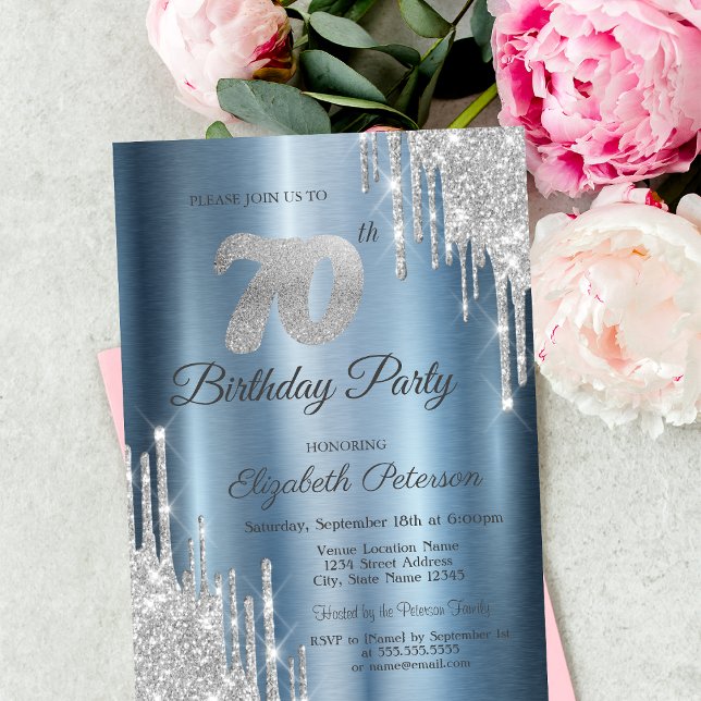 Silver Glitter Drips Blue Metallic 70 Birthday Inbjudningar (Skapare uppladdad)