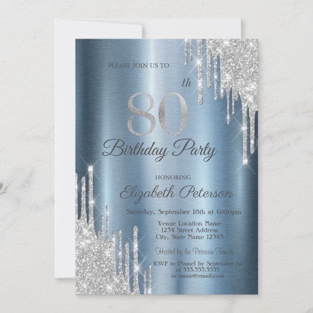 Silver Glitter Drips Blue Metallic 80 Birthday Inbjudningar (Framsida)