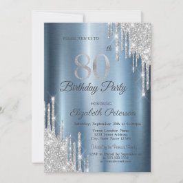 Silver Glitter Drips Blue Metallic 80 Birthday Inbjudningar