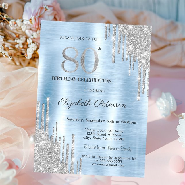 Silver Glitter Drips Blue Metallic 80 Birthday Inbjudningar (Skapare uppladdad)
