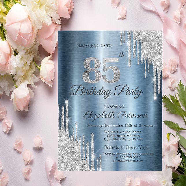 Silver Glitter Drips Blue Metallic 85 Birthday Inbjudningar (Skapare uppladdad)