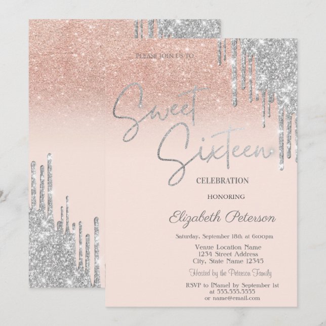 Silver Glitter Drips Blush Rosa Sweet 16  Inbjudningar (Fram/baksida)
