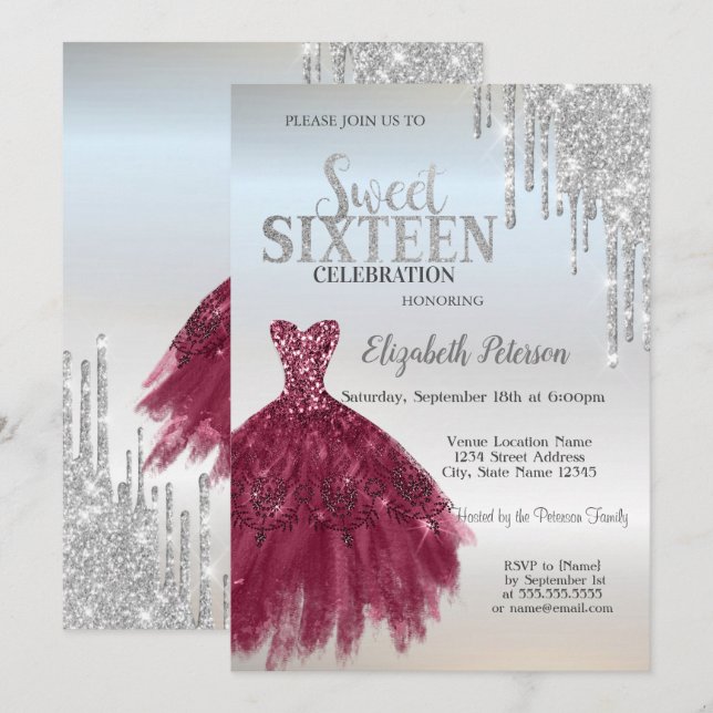 Silver Glitter Drips, Burgunderklänning  Sweet 16 Inbjudningar (Fram/baksida)