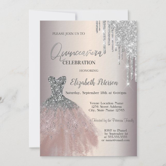 Silver Glitter Drips, Chic klänning Quinceañera Inbjudningar (Framsida)