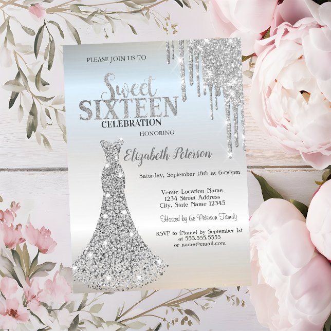 Silver Glitter Drips,Diamonds Klänning Sweet 16   Inbjudningar (Skapare uppladdad)