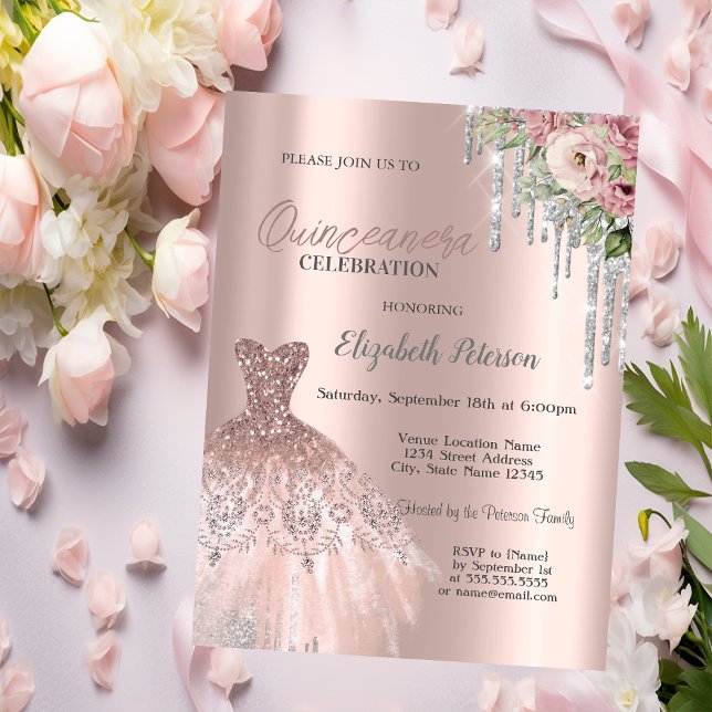 Silver Glitter Drips,Dräkts Blommor Quinceanera Inbjudningar (Skapare uppladdad)