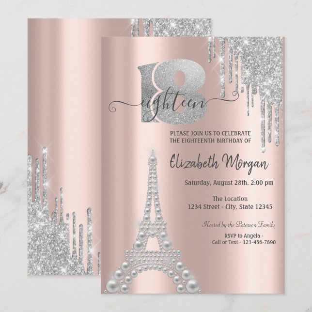 Silver Glitter Drips Eiffel Torn 18:e födelsedagen Inbjudningar (Fram/baksida)
