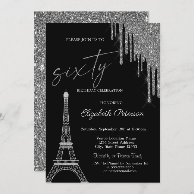 Silver Glitter Drips, Eiffel Tower 60t Birthday  Inbjudningar (Fram/baksida)