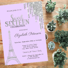 Silver Glitter Drips, Eiffel Tower Sweet 16 Inbjud Inbjudningar