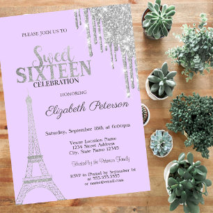 Silver Glitter Drips, Eiffel Tower Sweet 16 Inbjud Inbjudningar