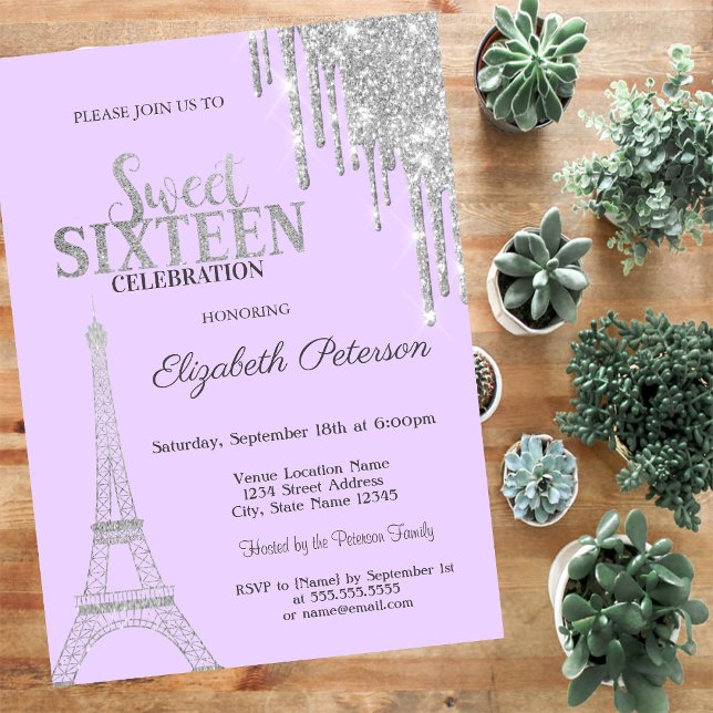 Silver Glitter Drips, Eiffel Tower Sweet 16 Inbjud Inbjudningar (Skapare uppladdad)