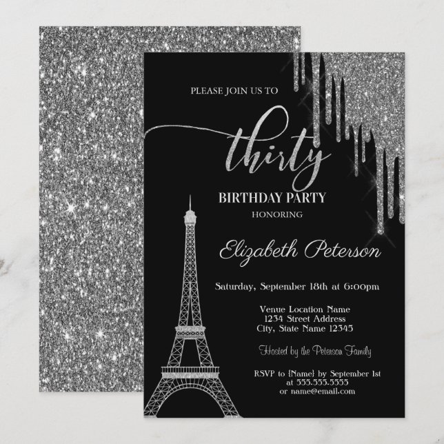 Silver Glitter Drips, Eiffeltornet 30-årsdag Inbjudningar (Fram/baksida)