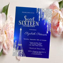 Silver Glitter Drips, Eiffeltornet Blå Sweet 16