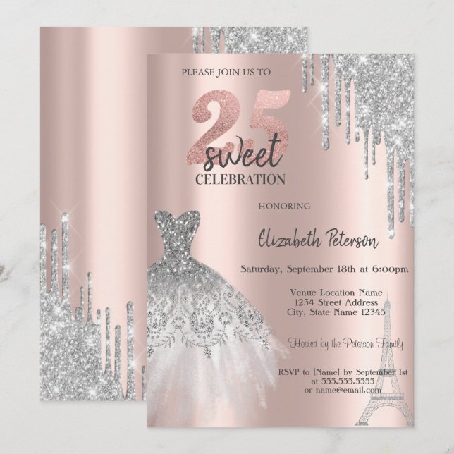 Silver Glitter Drips, Eiffeltornet Klänning Sweet  Inbjudningar (Fram/baksida)