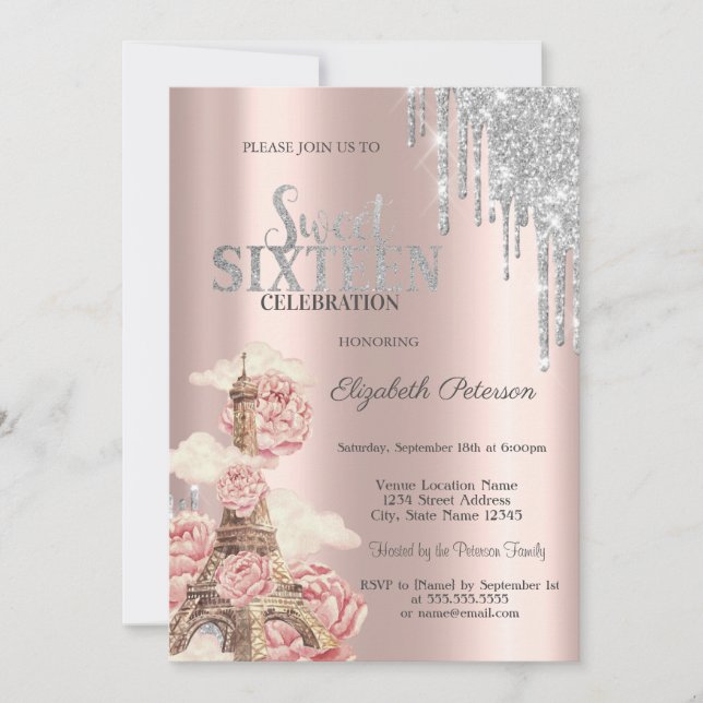 Silver Glitter Drips, Eiffeltornet Peonies Sweet 1 Inbjudningar (Framsida)