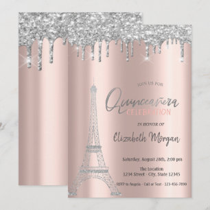 Silver Glitter Drips, Eiffeltornet Quinceanera Inbjudningar
