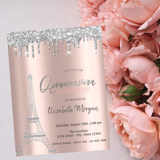 Silver Glitter Drips, Eiffeltornet Quinceanera Inbjudningar (Skapare uppladdad)