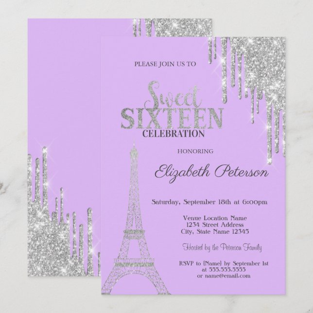 Silver Glitter Drips, Eiffeltornet Sweet 16  Inbjudningar (Fram/baksida)