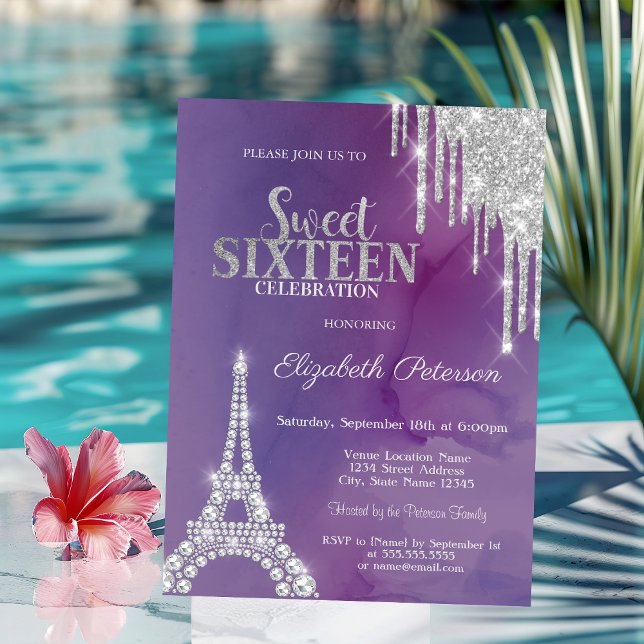 Silver Glitter Drips Eiffeltornet Violett Sweet 16 Inbjudningar (Skapare uppladdad)