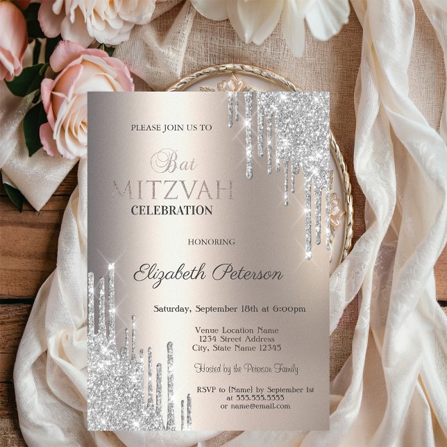 Silver Glitter Drips Elfenbensmetallisk Bat Mitzva Inbjudningar (Skapare uppladdad)