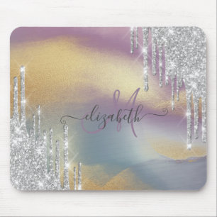 Silver Glitter Drips Färgglatt Guld Monogram Musmatta