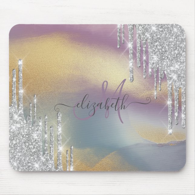Silver Glitter Drips Färgglatt Guld Monogram  Musmatta (Framsidan)