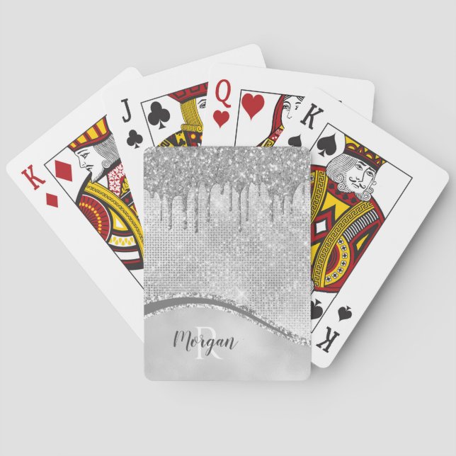 Silver Glitter Drips & Glitter, Namn & Monogram Casinokort (Baksidan)