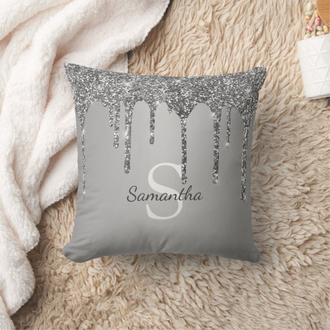 Silver Glitter Drips Glittrande Monogramnamn Kudde (Filt)