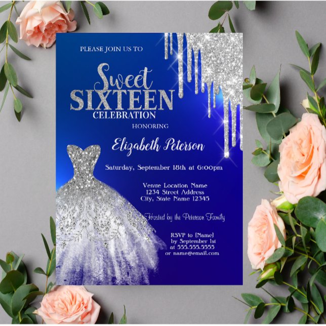 Silver Glitter Drips, Klänning Blå Sweet 16 Inbjudningar (Skapare uppladdad)