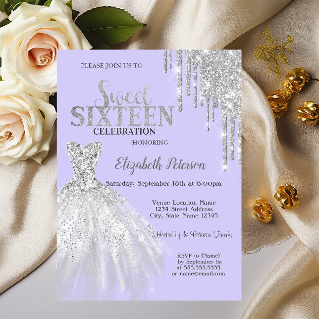 Silver Glitter Drips, Klänning Ljus Lila Sweet 16  Inbjudningar (Skapare uppladdad)