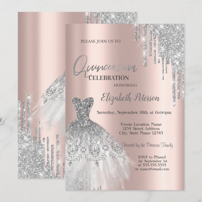 Silver Glitter Drips, Klänning Rose Gold Quinceañe Inbjudningar (Fram/baksida)