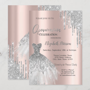 Silver Glitter Drips, Klänning Rose Gold Quinceañe Inbjudningar