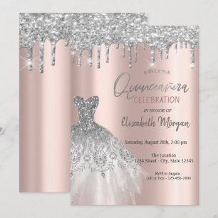 Silver Glitter Drips, Klänning Rose Gold Quinceañe Inbjudningar