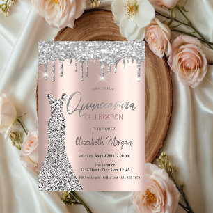 Silver Glitter Drips, Klänning Rose Gold Quinceañe Inbjudningar