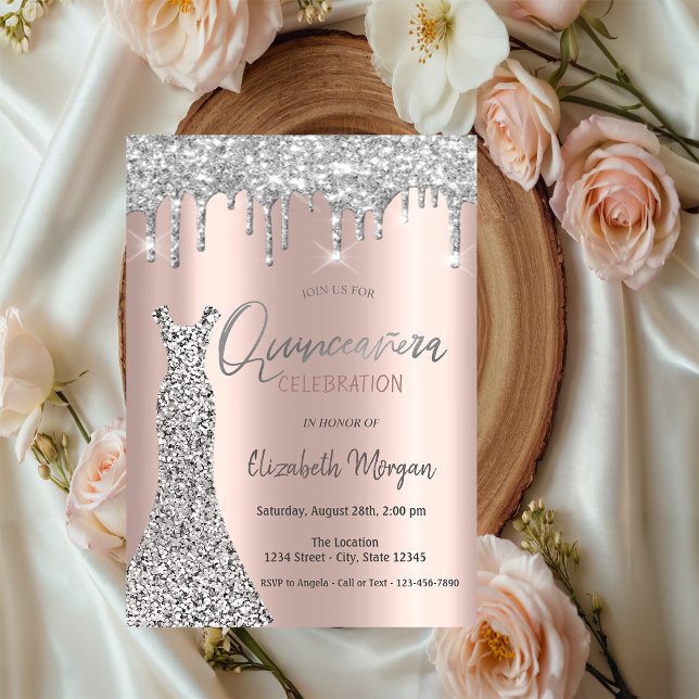 Silver Glitter Drips, Klänning Rose Gold Quinceañe Inbjudningar (Skapare uppladdad)