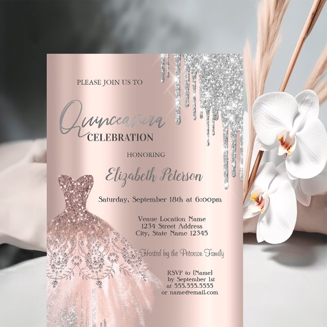 Silver Glitter Drips, Klänning Rose Gold Quinceañe Inbjudningar (Skapare uppladdad)