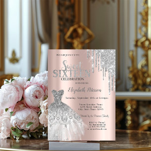 Silver Glitter Drips, Klänning Rose Gold Sweet 16 Inbjudningar