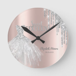 Silver Glitter Drips, klänning Rose Gold Sweet 16 Rund Klocka