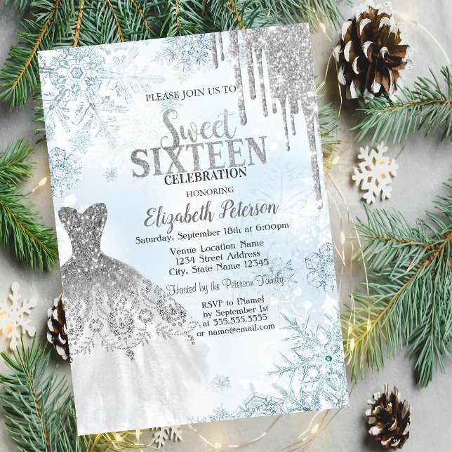 Silver Glitter Drips, Klänning Snöflingor Sweet 16 Inbjudningar (Skapare uppladdad)