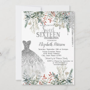 Silver Glitter Drips, Klänning Vinter Blommor Swee Inbjudningar